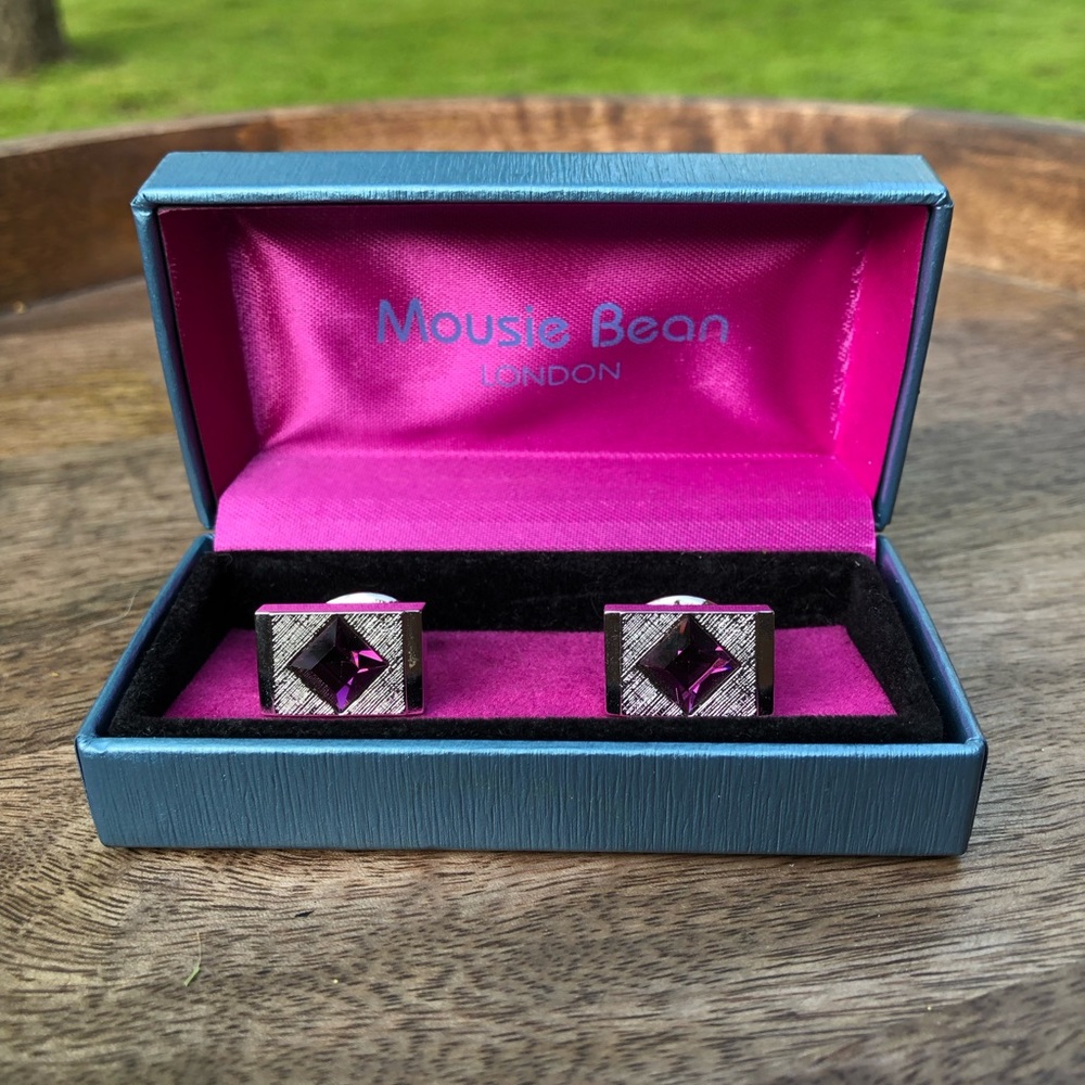 Mousie Bean London Silver Amethyst Crystal Cuff Links, NIB